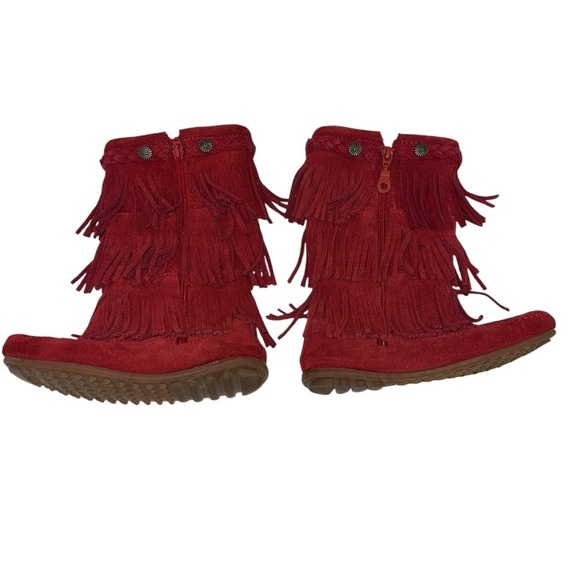 Girl’s Red Suede 3 Layer Fringe Boot - Picture 2 of 9
